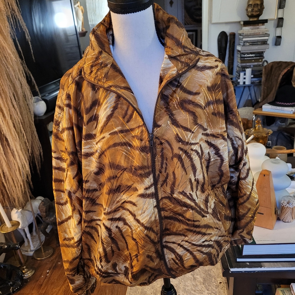 Vintage Kaktus Women's Tiger Animal Print Zip Up Jacket